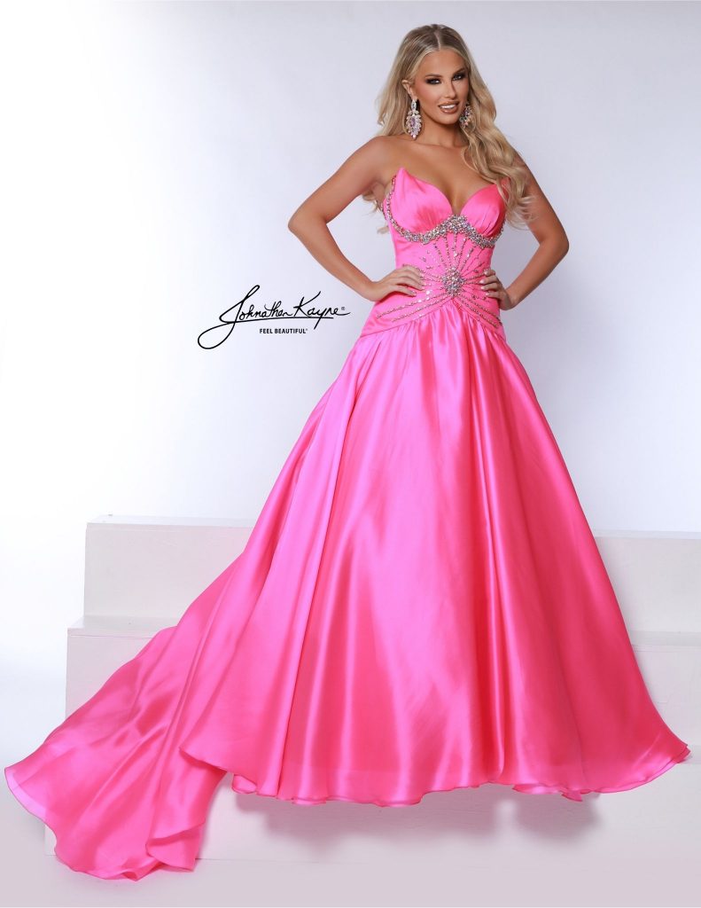 Johnathan Kayne Style 3045 in hot pink — a glamorous satin ballgown featuring a crystal sunburst waist detail and a full flowing skirt, perfect for teen pageants, prom, or red carpet events.